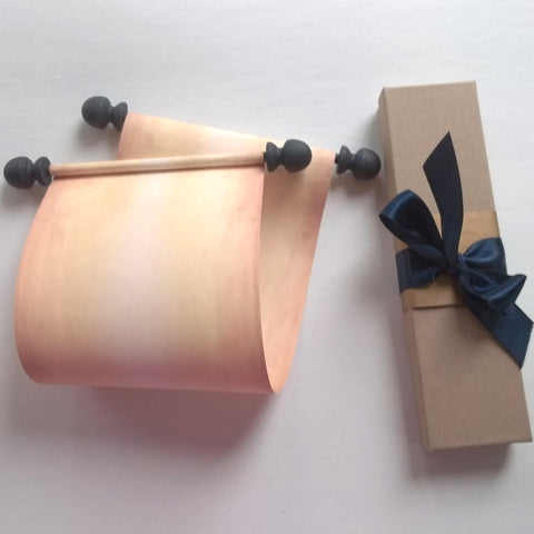 Rustic aged blank scroll for hand writing with navy accents, 5x12" paper