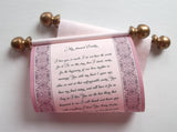 Pink scroll with decorative border, custom text and gold accents