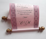 Pink scroll with decorative border, custom text and gold accents 