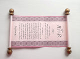 Pink scroll with decorative border, custom text and gold accents 