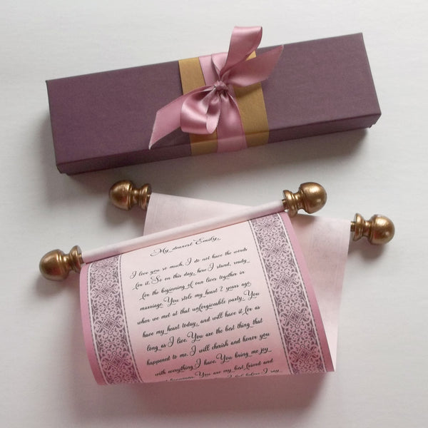 Personalized Scroll with Celtic Design, Gold and Pink Accents, 5x9" pink paper, burgundy gift box