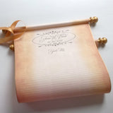 Custom vintage guest list scroll, gold accents, 11x21 inches aged parchment paper, personalized with name(s) and date