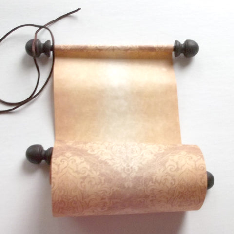 Decorative blank scroll for hand writing in brown with damask design, 5x21" paper