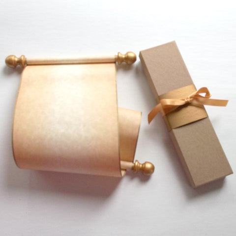 Rustic aged blank scroll for hand writing with gold accents, 5x17" paper