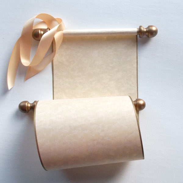 Rustic tan parchment scroll for hand writing with aged gold accents and optional gift box, 5x13" paper