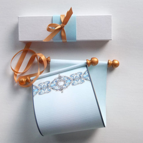 blue and gold paper scroll with box