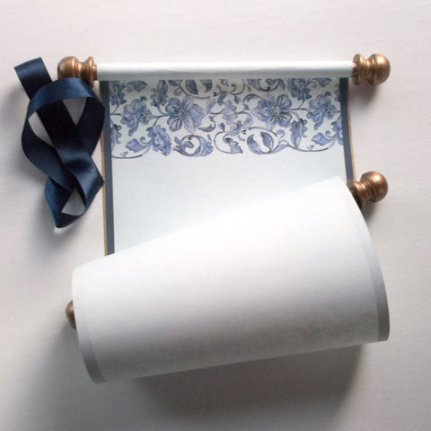 Blue floral blank scroll for romantic hand written greeting, 8x20" paper