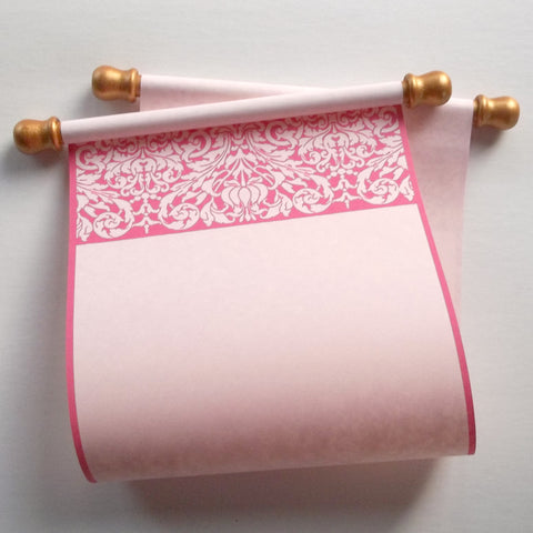 Pink damask floral blank scroll for romantic hand written greeting, 7.75x18" paper
