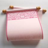 Pink damask floral blank scroll for romantic hand written greeting, 7.75x18" paper