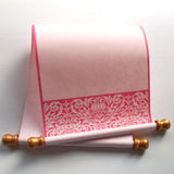 Pink damask floral blank scroll for romantic hand written greeting, 7.75x18" paper