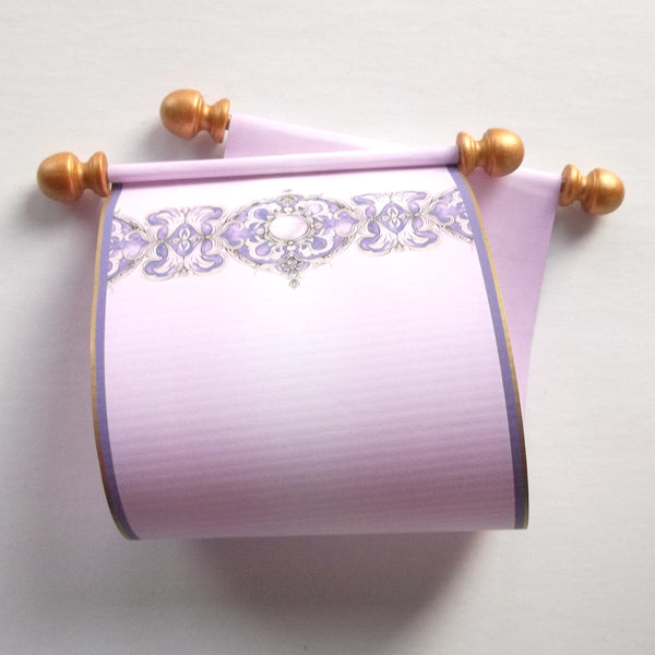 purple and gold paper scroll with decorative design