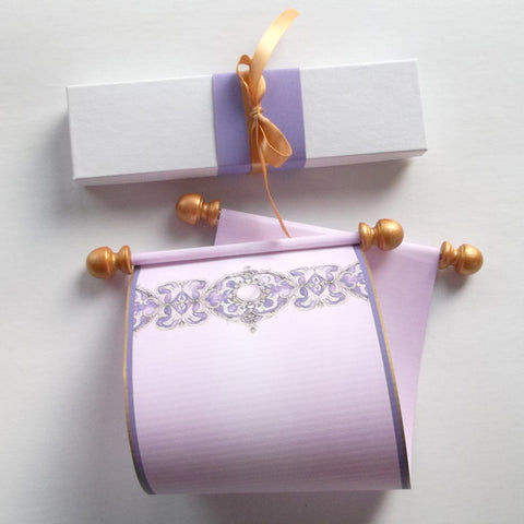 purple and gold paper scroll with box