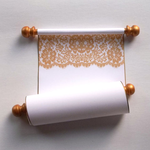 Lace blank paper scroll with gold accents, 7.5x17" paper