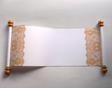 Lace blank paper scroll with gold accents, 7.5x17" paper