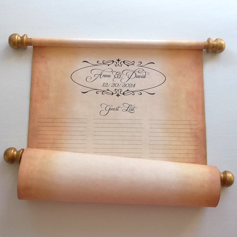 Custom vintage guest list scroll, gold accents, 11x21 inches aged parchment paper, personalized with name(s) and date