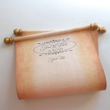 Custom vintage guest list scroll, gold accents, 11x21 inches aged parchment paper, personalized with name(s) and date