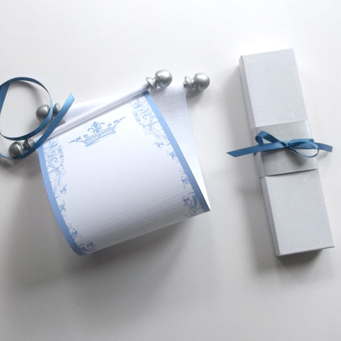 Blue and silver fairytale princess blank paper scroll with optional crown and gift box