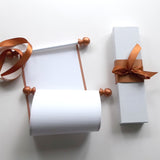 Blank white paper scroll with gift box for hand writing a personal message, 5x12" ridge textured paper