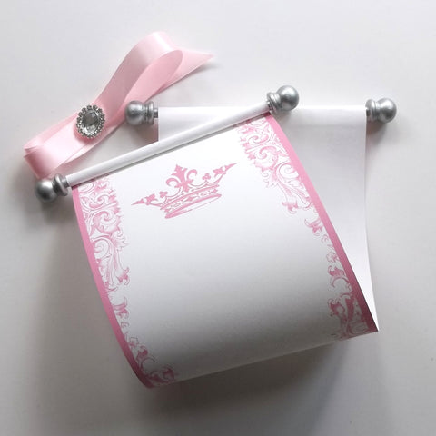 Pink royal princess paper scroll with silver accents and optional gift box