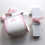 Pink royal princess paper scroll with silver accents and optional gift box