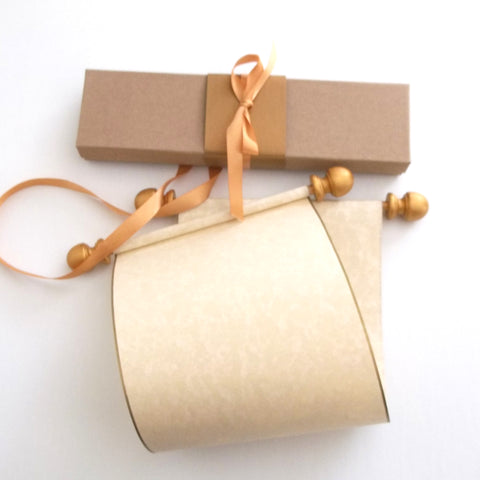 Blank paper scroll with gold accents and gift box, 5x12" tan parchment paper