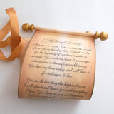 Paper scroll custom printed with text, and ribbon