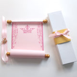 Royal princess scroll on pink paper with gold accents, optional gift box