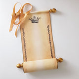 Royal crown and floral border on aged paper scroll, optional gift box