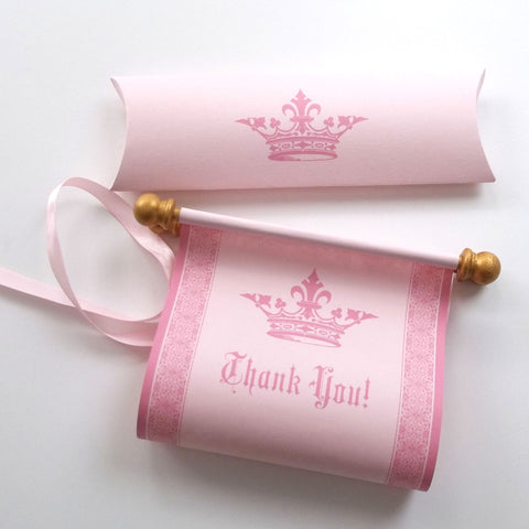 Thank you scroll with royal crown on pink paper with gold accents, optional gift box
