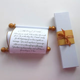 Custom printed scroll with gift box for a personal message, 5x12" white paper