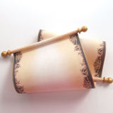 Personalized brown and gold scroll with brooch, 8x20" aged paper, blank or custom