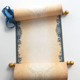 Custom parchment scroll in navy and aged gold, 8x19 inches paper, personalized with your own words, handmade