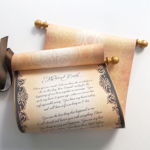 Custom parchment scroll in brown and gold, 8x19 inches paper, personalized with your own words, handmade