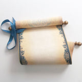 Custom parchment scroll in navy and aged gold, 8x19 inches paper, personalized with your own words, handmade
