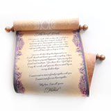 Parchment scroll with purple and aged gold accents, 8x19 inches paper, handmade, blank or customized