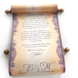 Parchment scroll with purple and aged gold accents, 8x19 inches paper, handmade, blank or customized