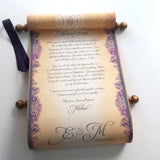 Parchment scroll with purple and aged gold accents, 8x19 inches paper, handmade, blank or customized