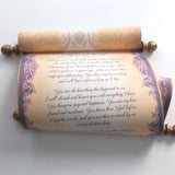 Parchment scroll with purple and aged gold accents, 8x19 inches paper, handmade, blank or customized