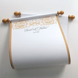 Custom damask guest list scroll, cream and gold, 8x20 inches paper, personalized with name(s) and date