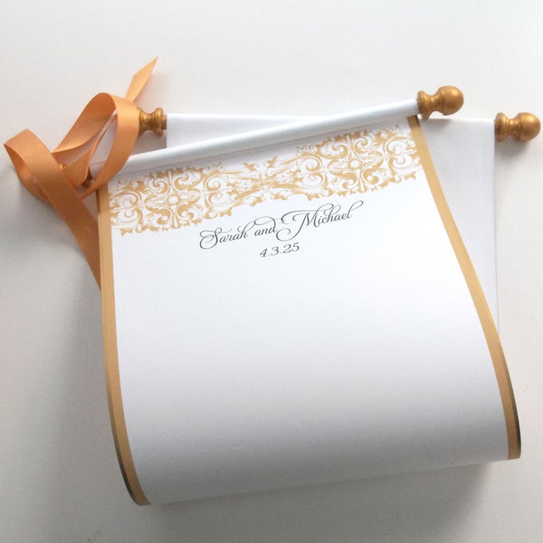 Custom damask guest list scroll, cream and gold, 8x20 inches paper, personalized with name(s) and date