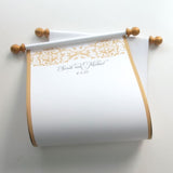 Custom damask guest list scroll, cream and gold, 8x20 inches paper, personalized with name(s) and date