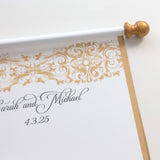 Custom damask guest list scroll, cream and gold, 8x20 inches paper, personalized with name(s) and date