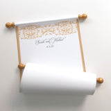Custom damask guest list scroll, cream and gold, 8x20 inches paper, personalized with name(s) and date