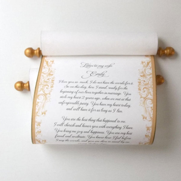 Personalized cream parchment scroll, 8x20" paper, gold or silver, sets of multiples