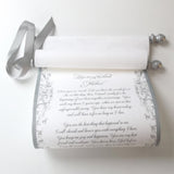 Personalized cream parchment scroll, 8x20" paper, gold or silver, sets of multiples