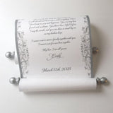 Personalized cream parchment scroll, 8x20" paper, gold or silver, sets of multiples