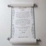 Personalized cream parchment scroll, 8x20" paper, gold or silver, sets of multiples
