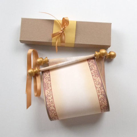 decorative blank scroll with gold accents and box, assembled 