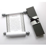 Custom printed decorative paper scroll with pewter finials, and a black gift box with silver band and ribbon