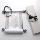 Custom printed decorative paper scroll with pewter finials, and a black gift box with silver band and ribbon